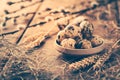 Quail eggs for Easter and blooming pussy willow branches on wooden background