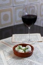 Quail eggs with a glass of Alentejo red wine.