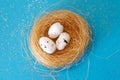 Quail eggs in the nest on a blue background close. Easter concept. Happy Easter