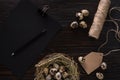 Quail eggs in nest, notebook and thread on a black background Royalty Free Stock Photo