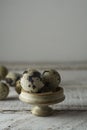 Quail eggs over white wooden background. Isolated quail raw eggs. rustic style Royalty Free Stock Photo