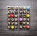 Quail eggs in a plastic container with colorful decorative eggs for Easter wooden rustic background top view close up Royalty Free Stock Photo