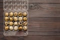 Quail eggs in a plastic container on a dark wooden background. The view from the top. Royalty Free Stock Photo