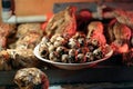 Quail eggs in a plate on the background of quails. Royalty Free Stock Photo