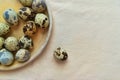 Quail eggs on a round ceramic plate.