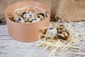 Quail eggs in small wooden box and beside to her