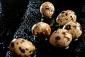 Quail eggs in a spray of water on a black background Royalty Free Stock Photo