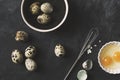 Quail eggs with a whisk on rustic black background Royalty Free Stock Photo