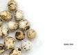 Quail eggs on white background, with space for text.