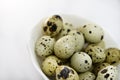 Quail eggs in a white plate. Food eggs on a white background Royalty Free Stock Photo