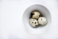 Quail eggs in a white plate. Food eggs on a white background Royalty Free Stock Photo