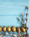 Quail eggs willow seasonal springtime happy easter blue wooden background