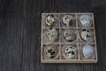 Quail eggs in wooden box on dark background. Royalty Free Stock Photo
