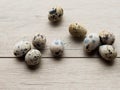 quail eggs in wooden plate over dark old wooden background Royalty Free Stock Photo