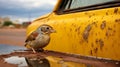 Post-apocalyptic Auto Body Works: A Crimson And Amber Bird On A Ratty Old Car