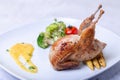 Quail, poultry, bird, chicken, partridge, meat, whole, carcasses, roast, baked, fried, grill, barbecue, orange sauce, mini corn, c