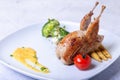 Quail, poultry, bird, chicken, partridge, meat, whole, carcasses, roast, baked, fried, grill, barbecue, orange sauce, mini corn, c