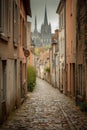 Quaint alley with autumn leaves framing a distant cathedral on a misty morning. Royalty Free Stock Photo