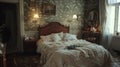 Quaint bedroom with vintage charm, featuring floral wallpaper, antique furnishings, pastel linens, lace accents, and