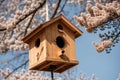 A quaint birdhouse in a blossoming tree