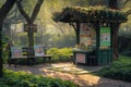 A quaint bus stop in a park setting with benches, a kiosk, and surrounding greenery.