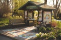 A quaint bus stop in a park setting with benches, a kiosk, and surrounding greenery.