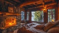 Quaint cabin retreat offering a snug window seat, wooden beams, stonework fireplace, homey quilt bedding, all bathed in