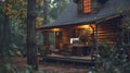 A quaint cabin in the woods with a large computer monitor and keyboard set up on the front porch. The owner can enjoy