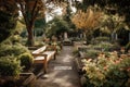 quaint cemetery with blooming gardens and wooden benches, a peaceful place of reflection
