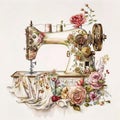 Quaint and Charming: Vintage Sewing Machine with Watercolor Floral Arrangement AI Generated