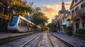 A quaint cobblestone street lined with charming old homes is intersected by a modern monorail showcasing the coexistence