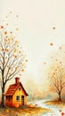 Quaint cottage in serene autumn landscape with falling leaves and peaceful river Royalty Free Stock Photo