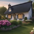 A quaint country cottage with a thatched roof, a picket fence, and a garden full of flowers5