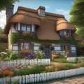 A quaint country cottage with a thatched roof, a picket fence, and a garden full of flowers2