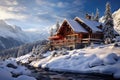 A quaint and cozy cabin surrounded by a picturesque winter wonderland of snow-covered mountains., A rustic log cabin nestled in a Royalty Free Stock Photo