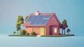 A quaint 3D-rendered house with solar panels on the roof, sits isolated on a small grass patch, under a clear blue sky. Royalty Free Stock Photo