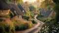 Quaint English Village Lane with Thatched Cottages. Resplendent.