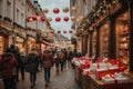 A quaint European street on Saint Nicholas Day, adorned with festive decorations and lights, shoppers carrying bags of gifts