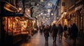 A quaint European street on Saint Nicholas Day, adorned with festive decorations and lights, shoppers carrying bags of gifts