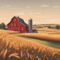 A quaint farmhouse with a red barn and rolling fields of golden wheat stretching to the horizon