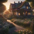 Quaint house with a beautiful garden illuminated by warm sunlight. AI-generated.