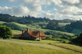 A quaint house with a red roof and white walls stands gracefully amidst a lush green field, A rustic farmhouse nestled among