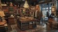 A quaint indoor market housed in a historic building its walls lined with shelves adorned with vintage books jewelry and