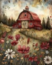 Quaint Iowa Mornings: A Vibrant Illustration of a Red Barn, Fiel Royalty Free Stock Photo