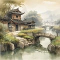 Quaint Japanese Fantasy River Village Royalty Free Stock Photo