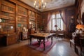 quaint library, with wooden bookshelves and antique lamps, in historical mansion