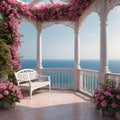 A white bench sitting on a porch with pink flowers.