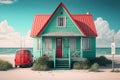 Cute red and seafoam green cottage by the beach side