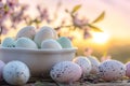 A quaint scene of a white porcelain bowl filled with speckled Easter eggs, set on a rustic wooden table