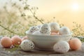 A quaint scene of a white porcelain bowl filled with speckled Easter eggs, set on a rustic wooden table